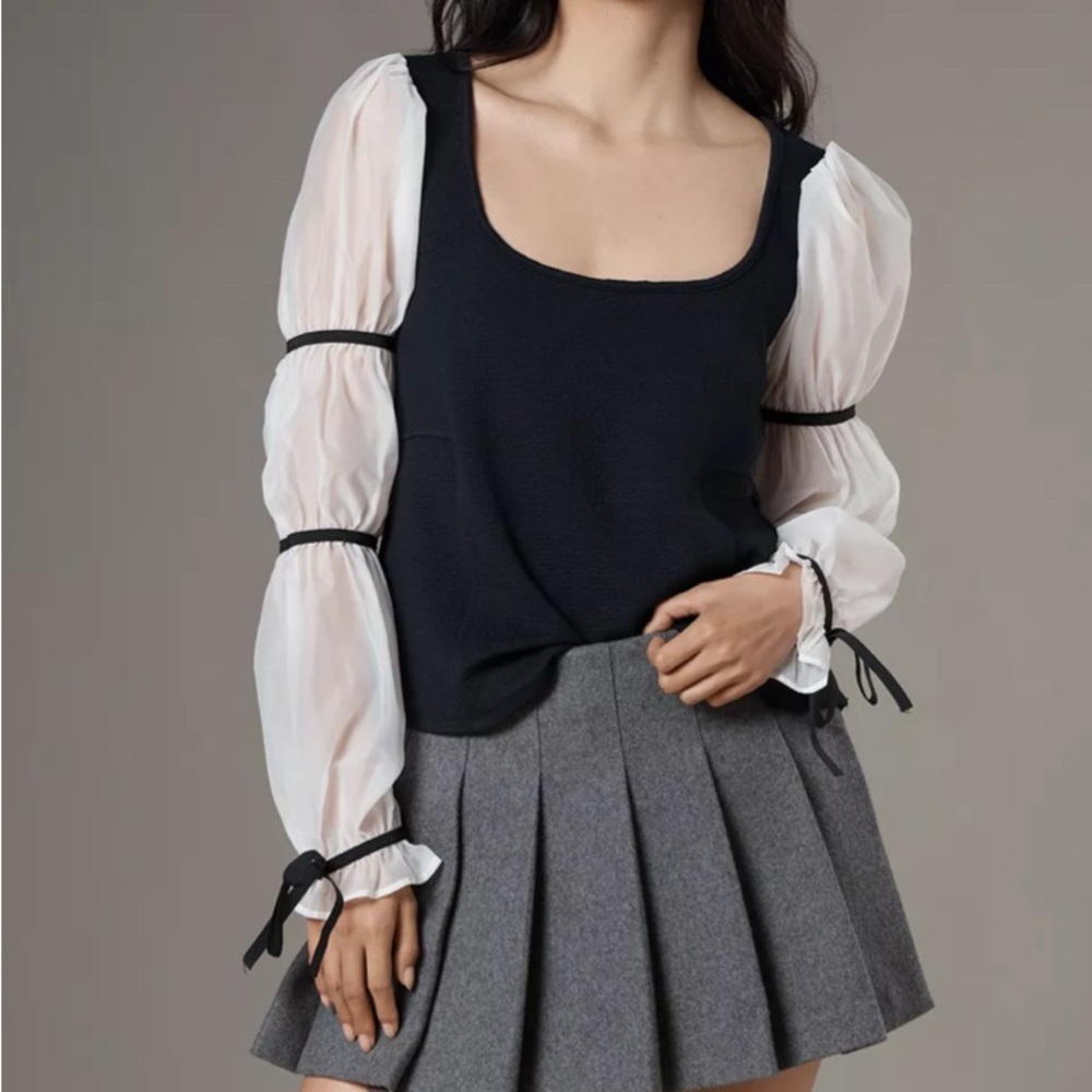 Maeve Black and White Balloon Sleeve Women's Top - Anthropologie